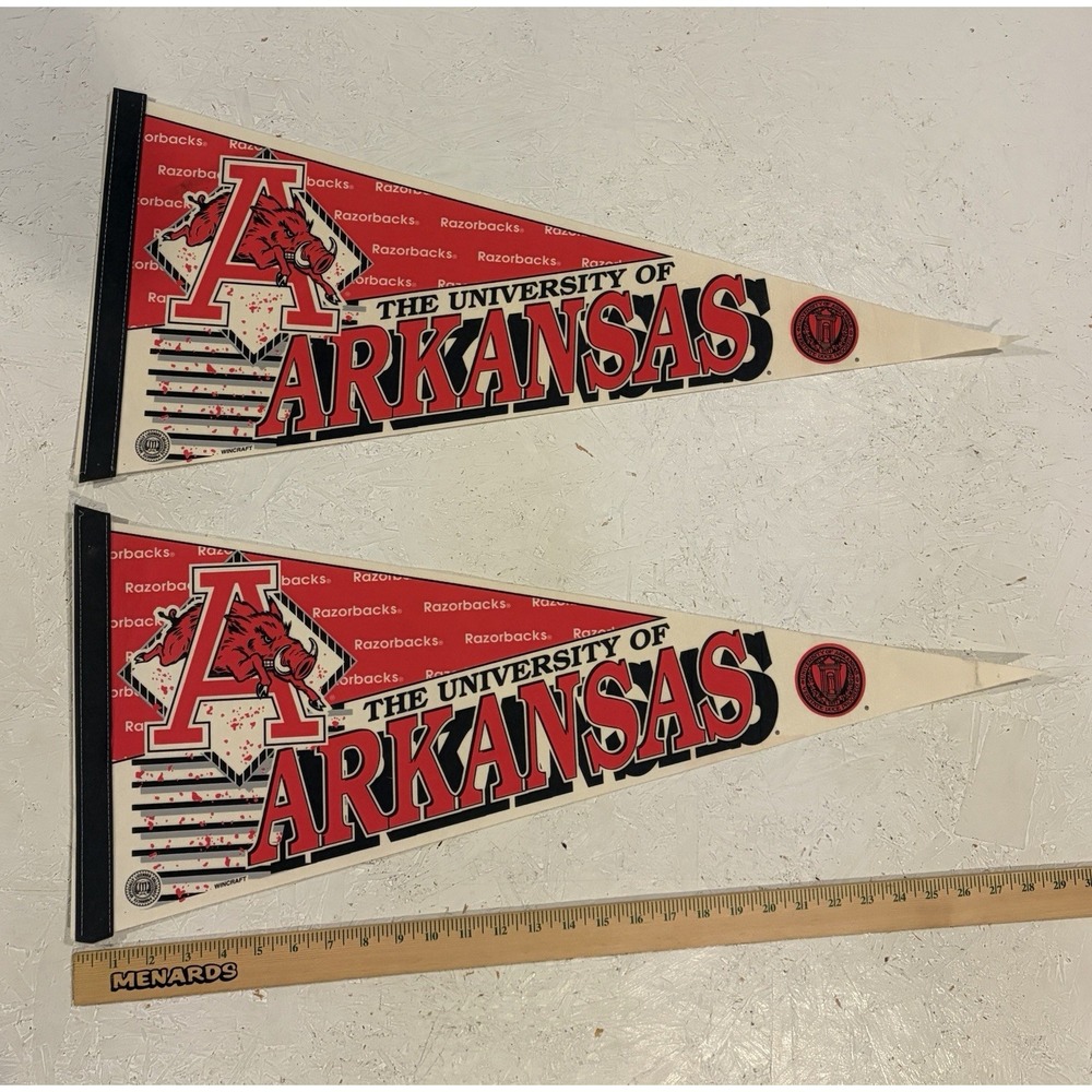 2 Vintage Arkansas Razorbacks College Pennant Flag Red White Football 1990s